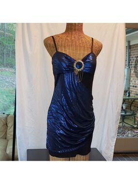 Ladies Vintage SOLAR Party Dress in Black & Blue w/Decorative Brooch - L/XL